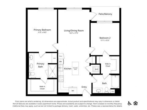 Floor plan for 2 beds, 2 baths, 1158 sqft