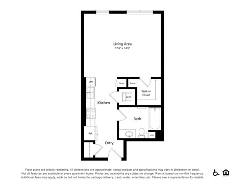 Floor plan for studio, 1 bath, 576 sqft