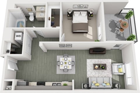 Floor plan for 1 bed, 1 bath, 709 sqft