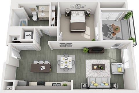 Floor plan for 1 bed, 1 bath, 735 sqft