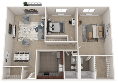 Floor plan for 2 beds, 2 baths, 1050 sqft