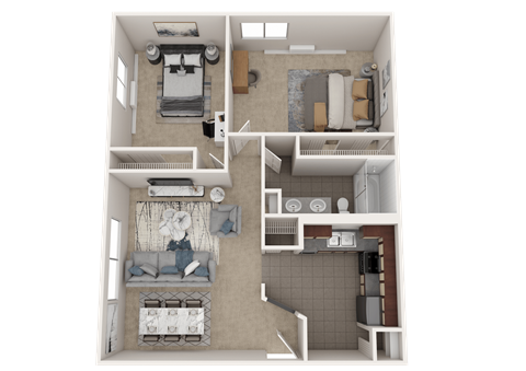 Floor plan for 2 beds, 1 bath, 765 sqft