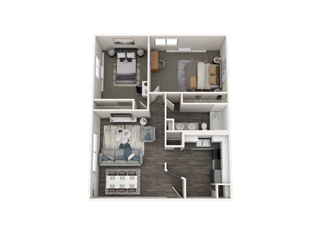 Floor plan for 2 beds, 1 bath, 765 sqft