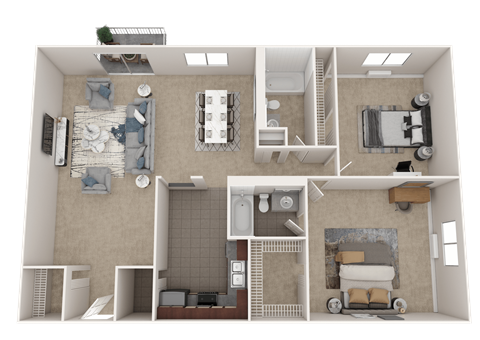 Floor plan for 2 beds, 2 baths, 1130 sqft