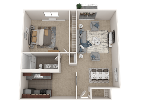 Floor plan for 1 bed, 1 bath, 770 sqft