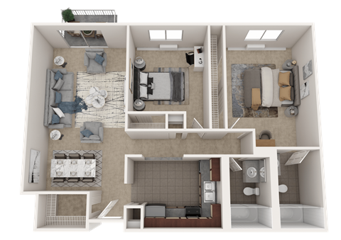 Floor plan for 2 beds, 2 baths, 865 sqft
