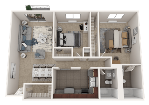 Floor plan for 2 beds, 2 baths, 905 sqft