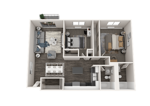 Floor plan for 2 beds, 2 baths, 905 sqft