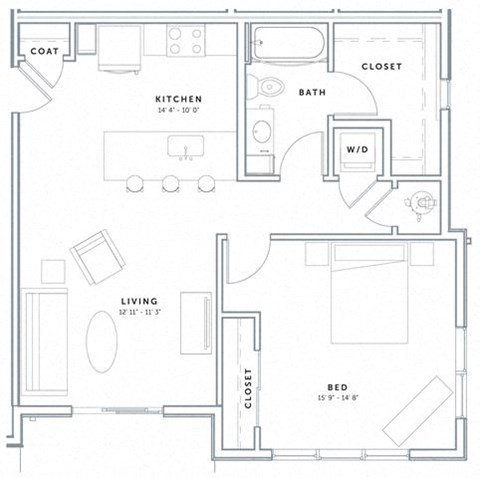 Floor plan for 1 bed, 1 bath, 786 sqft