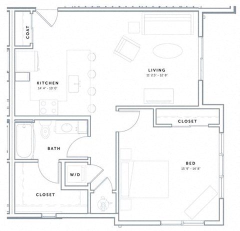 Floor plan for 1 bed, 1 bath, 786 sqft