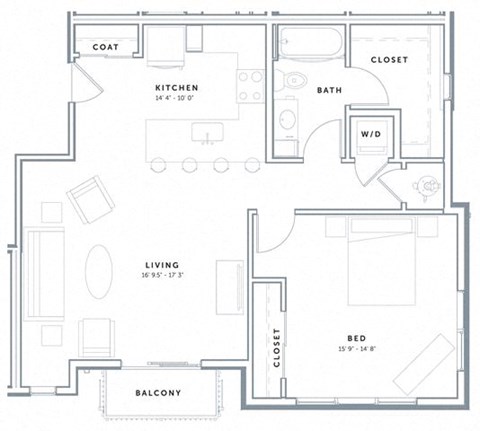 Floor plan for 1 bed, 1 bath, 859 sqft