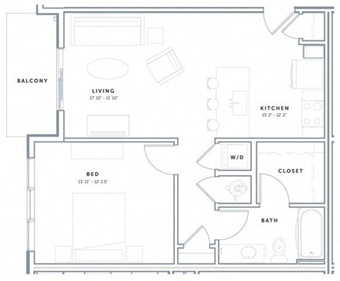 Floor plan for 1 bed, 1 bath, 673 sqft