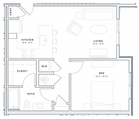Floor plan for 1 bed, 1 bath, 673 sqft