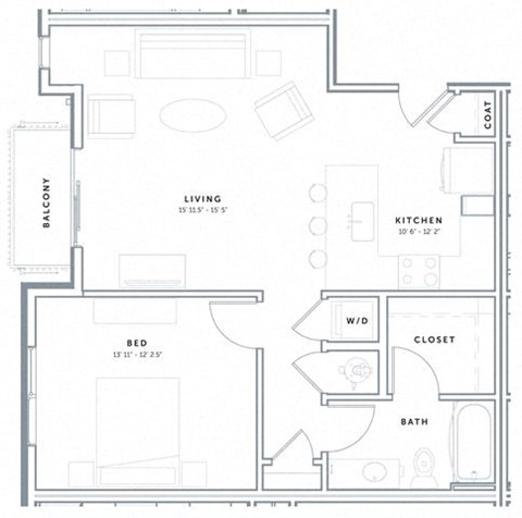 Floor plan for 1 bed, 1 bath, 747 sqft