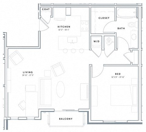 Floor plan for 1 bed, 1 bath, 820 sqft