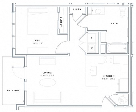 Floor plan for 1 bed, 1 bath, 673 sqft