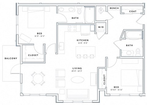 Floor plan for 2 beds, 2 baths, 1087 sqft