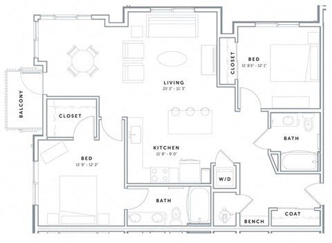 Floor plan for 2 beds, 2 baths, 1103 sqft