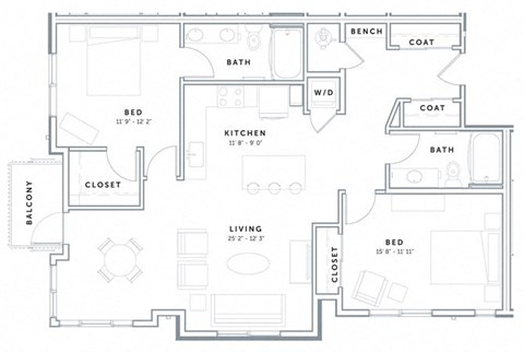 Floor plan for 2 beds, 2 baths, 1176 sqft