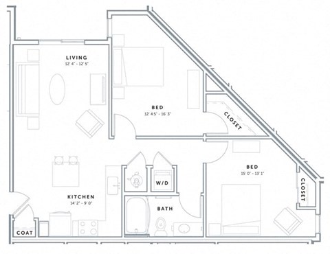 Floor plan for 2 beds, 1 bath, 890 sqft