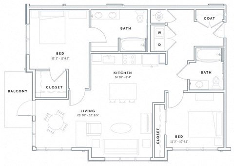 Floor plan for 2 beds, 2 baths, 1094 sqft