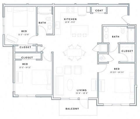 Floor plan for 3 beds, 2 baths, 1392 sqft