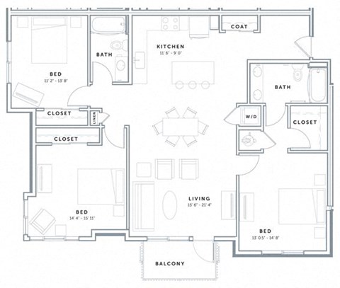 Floor plan for 3 beds, 2 baths, 1409 sqft