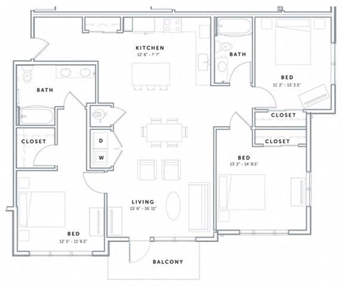 Floor plan for 3 beds, 2 baths, 1392 sqft