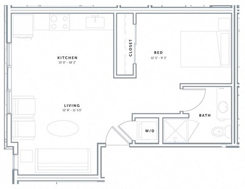 Floor plan for studio, 1 bath, 533 sqft