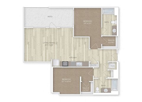 Floor plan for 2 beds, 2 baths, 1164 sqft