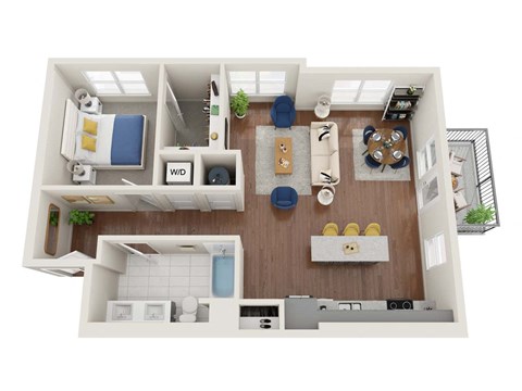 Floor plan for 1 bed, 1 bath, 851 sqft