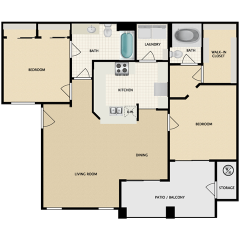 Floor plan for 2 beds, 2 baths, 1103 sqft