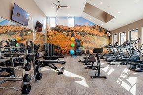 Ogden townhouse for rent - A well-equipped gym with a large wall mural of a forest in autumn.