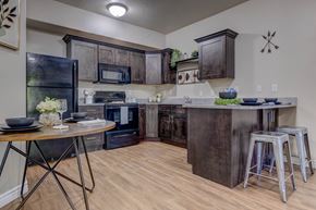 West Valley City apartment for rent - A kitchen with a black refrigerator, black cabinets, and a black island.