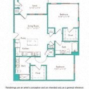 Floor plan for 2 beds, 2 baths, 1040 sqft