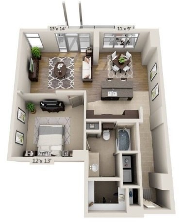Floor plan for 1 bed, 1 bath, 1002 sqft