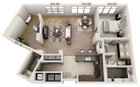 Floor plan for 1 bed, 1 bath, 1206 sqft