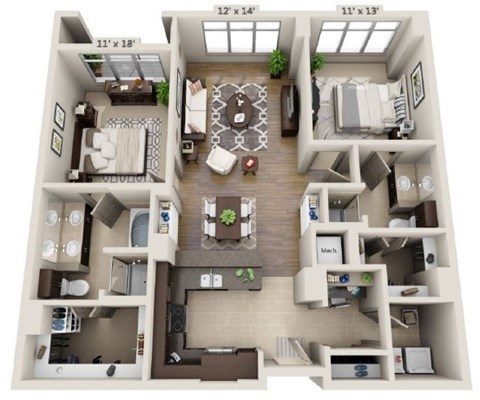 Floor plan for 2 beds, 2 baths, 1295 sqft