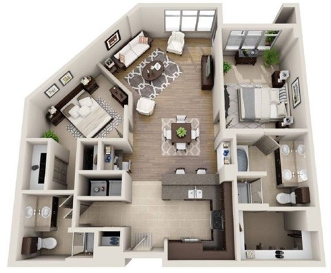 Floor plan for 2 beds, 2 baths, 1271 sqft