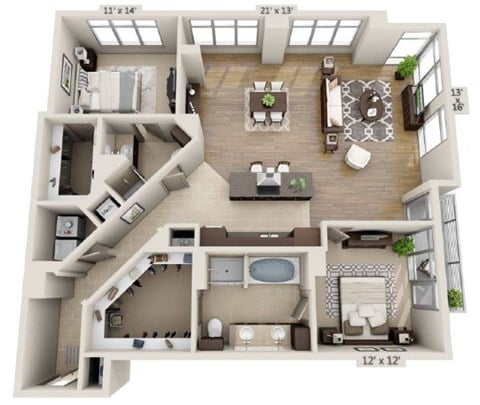 Floor plan for 2 beds, 2 baths, 1665 sqft