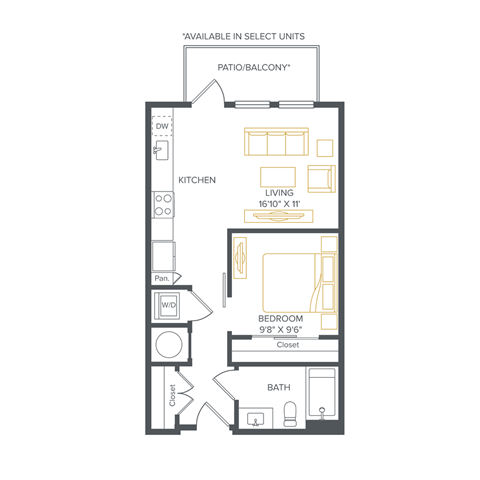 Floor plan for 1 bed, 1 bath, 522 sqft