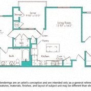 Floor plan for 2 beds, 2 baths, 985 sqft