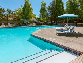 Tualatin apartment for rent - A swimming pool with a blue umbrella and lounge chairs.