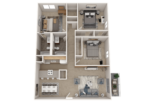 Floor plan for 3 beds, 2 baths, 1067 sqft