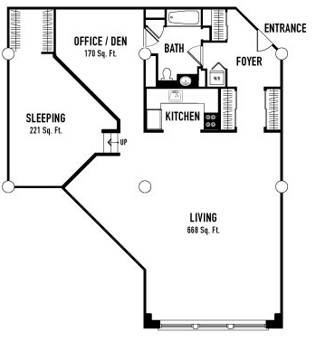 Floor plan for 1 bed, 1 bath, 1523 sqft