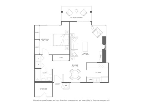 Floor plan for 1 bed, 1 bath, 833 sqft