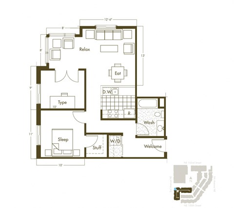 Floor plan for 1 bed, 1 bath, 818 sqft