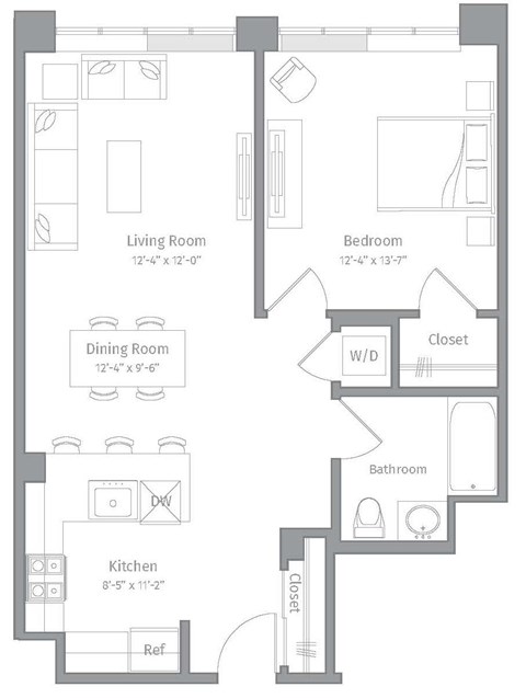 Floor plan for 1 bed, 1 bath, 785 sqft