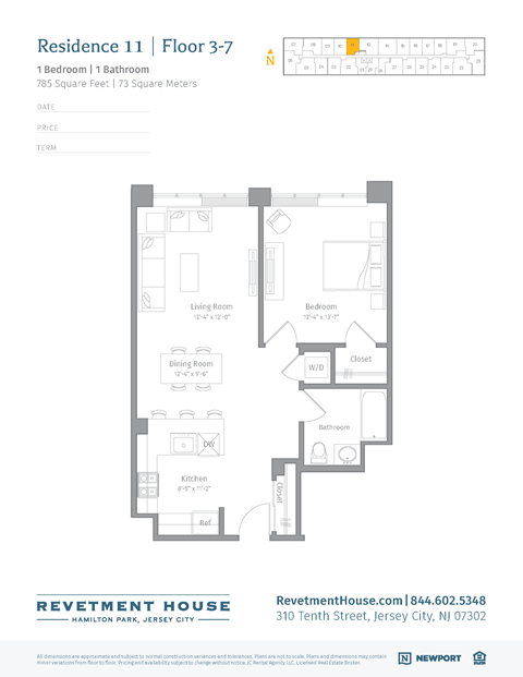 Floor plan for 1 bed, 1 bath, 785 sqft