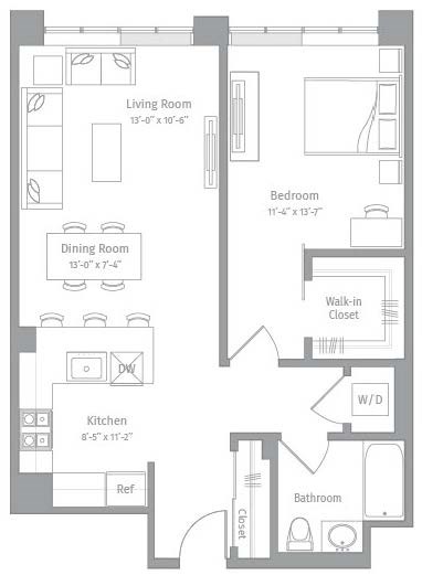 Floor plan for 1 bed, 1 bath, 803 sqft